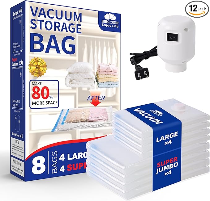 Vacuum Storage Bags with Electric Pump, 8 Pack (4 Large and 4 Super Jumbo), Heavy Duty Reusable PA+PE Space Saver Bags for Bedding, Comforters, Blankets, Clothes, Home and Travel Storage