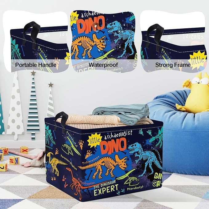 Clastyle Large Boho Dinosaur Pterosaur Boy Book Toy Storage Basket Dino Palm Tree Clothes Laundry Hamper for Kid Room Nursery,Skeleton 36L