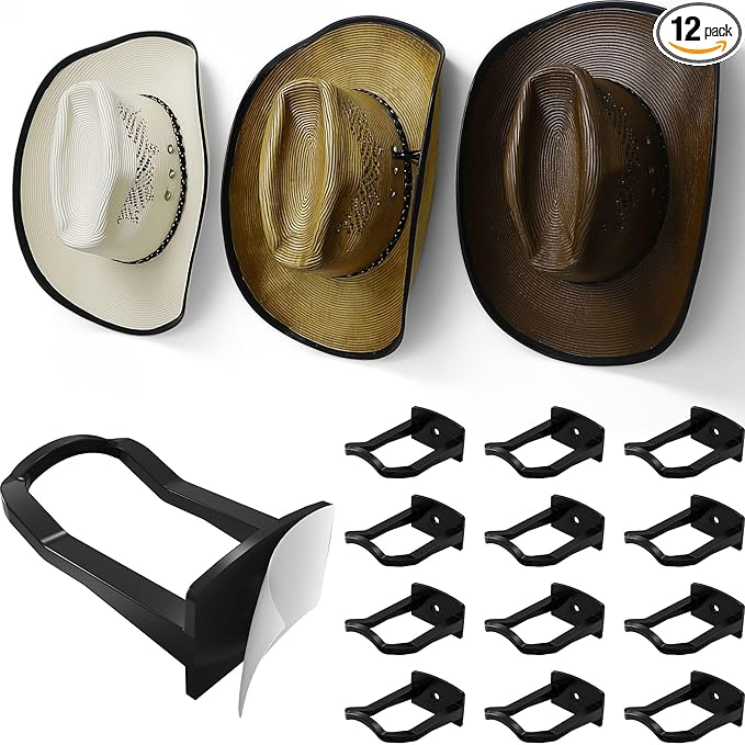 Modern JP Adhesive Cowboy Hat Hooks for Wall (12-Pack) – 3-Inch Wall Mount for Secure Hold, Wide Brim Hat Organizer, Western Room Decor – Black