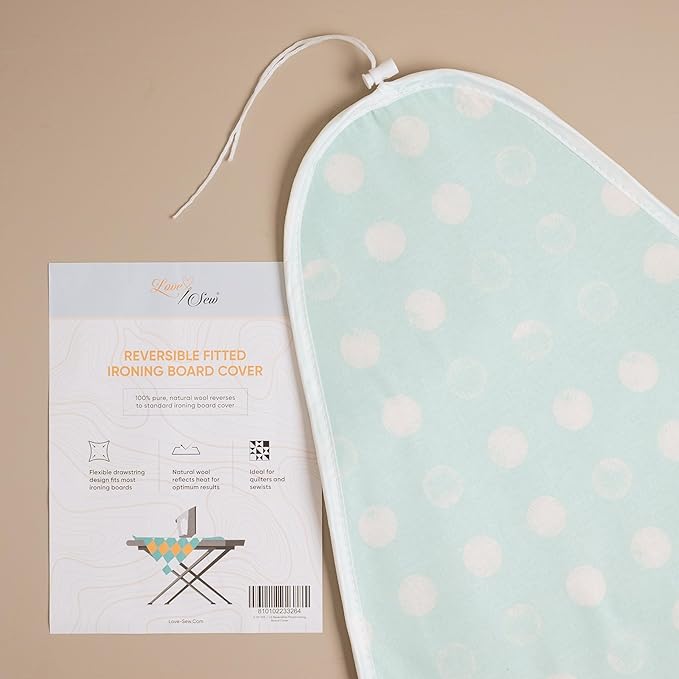 Love Sew Wool Reversible Fitted Ironing Board Cover - 2 in 1 - One Side Wool One Side Cotton (Fits 54" x 18" Standard Ironing Boards) (Aqua Blue)