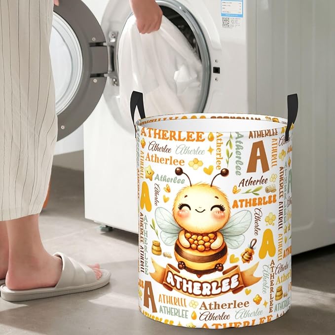 Personalized Bee Laundry Basket For Baby Kids Boys Girls Adult Custom Hamper Basket With Name For Bathroom Bedrooms Collapsible Baby, Dirty Clothes Hamper With Handles