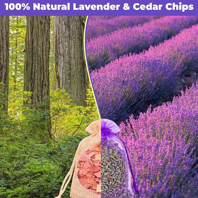 16 Pack Lavender Sachet Bags & Cedar Chips Set - 100% Natural Premium Dried Lavenders Flowers, Cedar Home Fragrance Sachets, Lavenders Sachets for Drawers, Closets, Storage