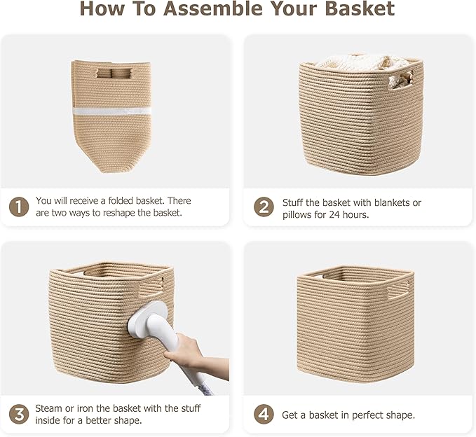 UBBCARE Set of 3 Cotton Rope Basket 11 X 10.5 X 10.5 Inches, Woven Storage Baskets for Shelves, Organizing with Handles, Cube Storage Bins for Storage Books, Magazines, Brown