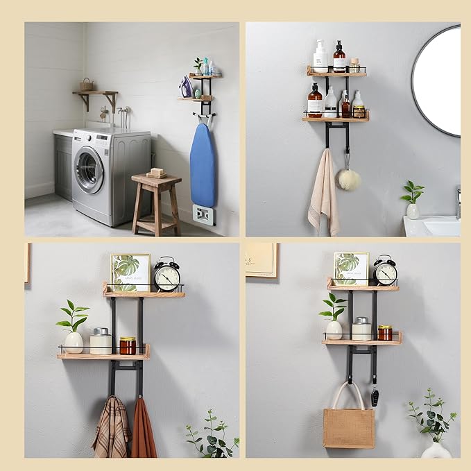Ironing Board Hanger Wall Mount with Adjustable 2-Large Storage Shelves, Heavy Duty Space Saving Iron and Ironing Board Holder for Laundry Room, T&Y Leg Shaped, Carbonized Black