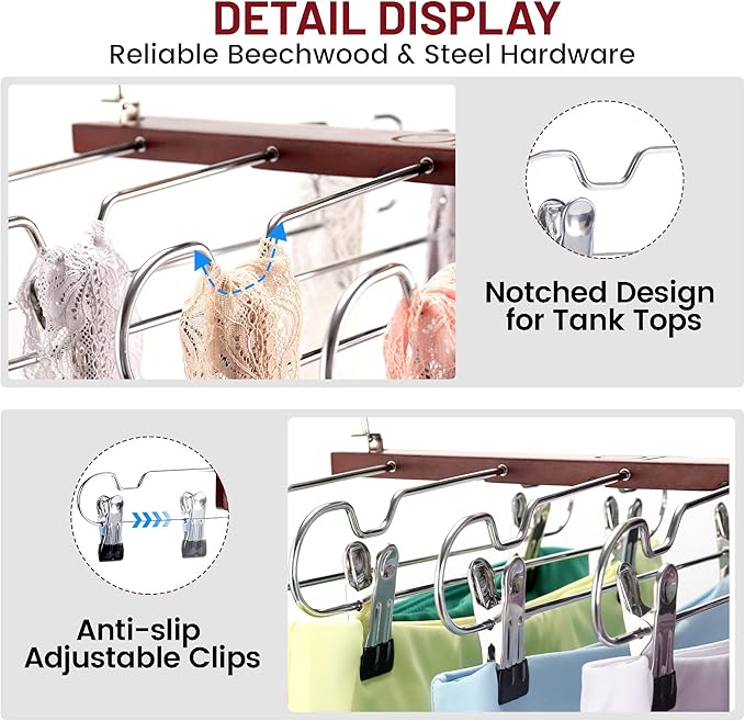 2 Pack Skirt Hangers with Clips, Space Saving Beechwood 5 Tier Pants Hangers with 360° Swivel Hook, Closet Organizer for Skirts, Pants, Tank Top-College Dorm Room Essentials (Brown)
