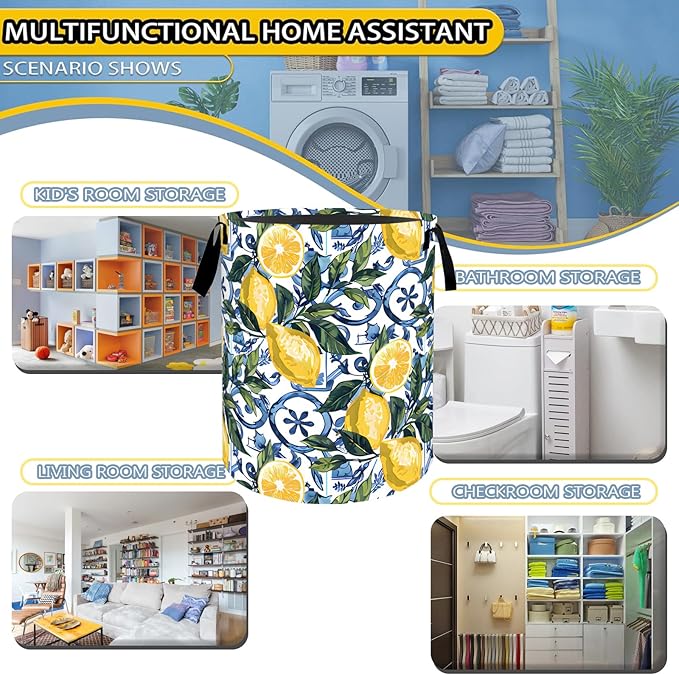 Vibrant Lemon Laundry Basket,Dirty Clothes Hamper,Yellow Fruit and Leaf Storage Bin,Nature Lovers Gifts,Waterproof Oxford Cloth Baskets for Bathroom,Bedroom,Home Decoration(19.7" x 15.8")
