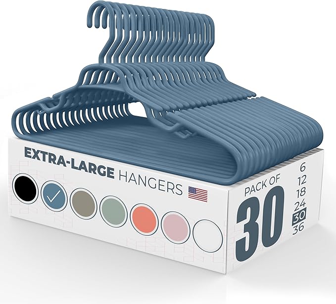 Neaties Large & Wide Heavy Duty Clothes Hangers 30 Pack – Made in USA – Ideal for Plus Size Clothing – 10lb Plastic Hangers with Notches for Oversized Adult Coats & Pants – Blue