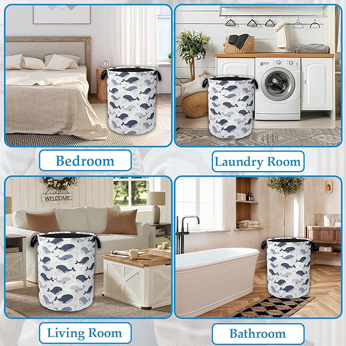 Cartoon Whale Laundry Basket Collapsible Laundry Hamper with Handle, Oxford Clothes Toy Storage Bin for Bathroom Bedroom Room Decor, Gift Basket 16" X 20.8"