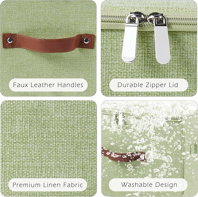 Storage Bins with Zipper Lid Cotton Linen Fabric Lidded Storage Baskets Boxes Foldable Washable Closet Shelf Clothes Organizer Container with PU Leather Handles (Green, Small Size)