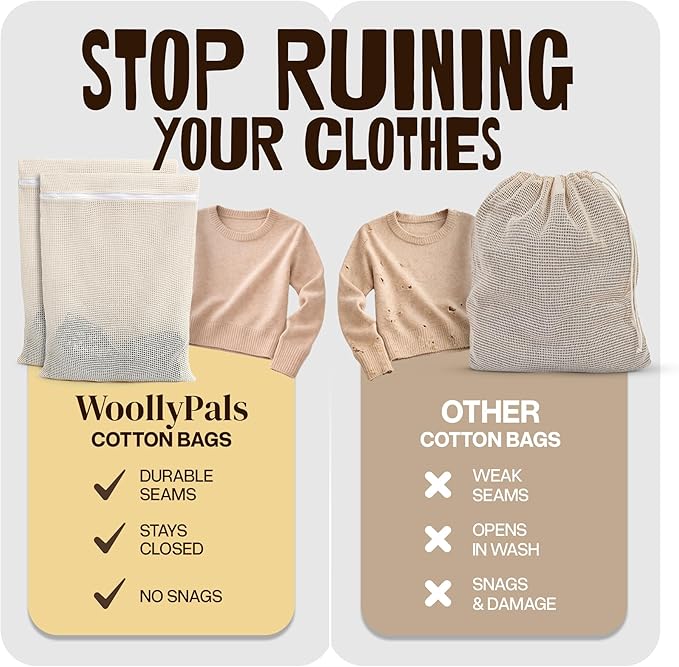 WoollyPals Large Cotton Mesh Laundry Bags (16" x 20") – 2-Pack with Drawstring Storage Pouch – Washer & Dryer Safe, Durable Zipper, Breathable Mesh for Clothes, Delicates, Underwear, Shoes & Lingerie