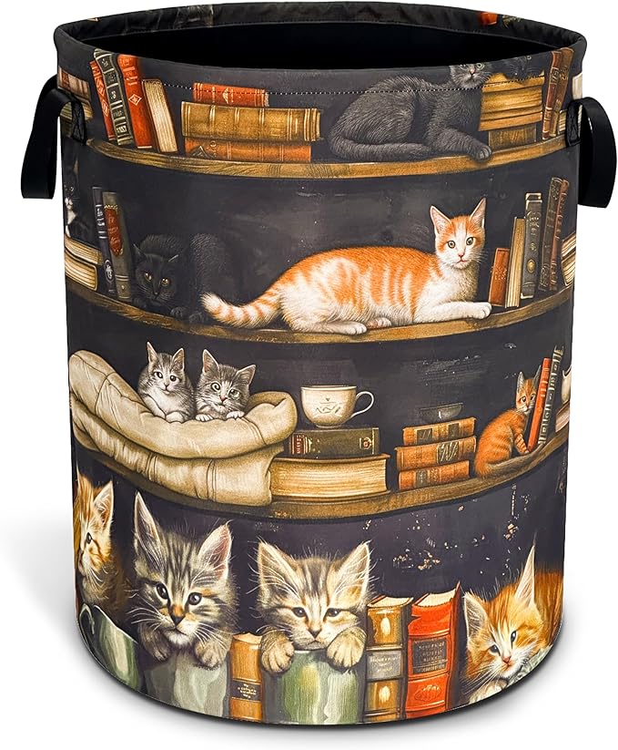 Cat On The Bookshelf Laundry Basket Cute Pet Foldable Waterproof Oxford Cloth Funny Tote Bag Laundry Hamper Clothes Storage Bucket Toy Organizer For Bathroom/Laundry Storage/Bedroom 18.9x16.5 Inch