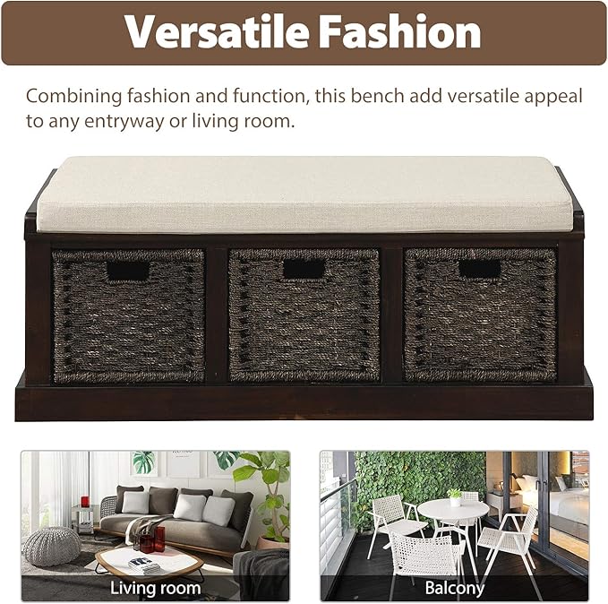 Merax Rustic Entryway Bench with Seat Cushion and 3 Rattan Basket Wood Storage Bench for Living Room Bedrooom Multipurpose Espresso
