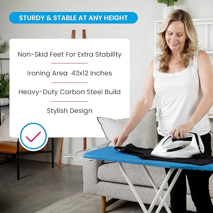 M Maxima | Ironing Board | Size 43x12'' | Retractable Wire Iron Rest | 4 Leg Iron Board | Thick Heavy Padded 4 Layers, Scorch Resistant Foam Cover