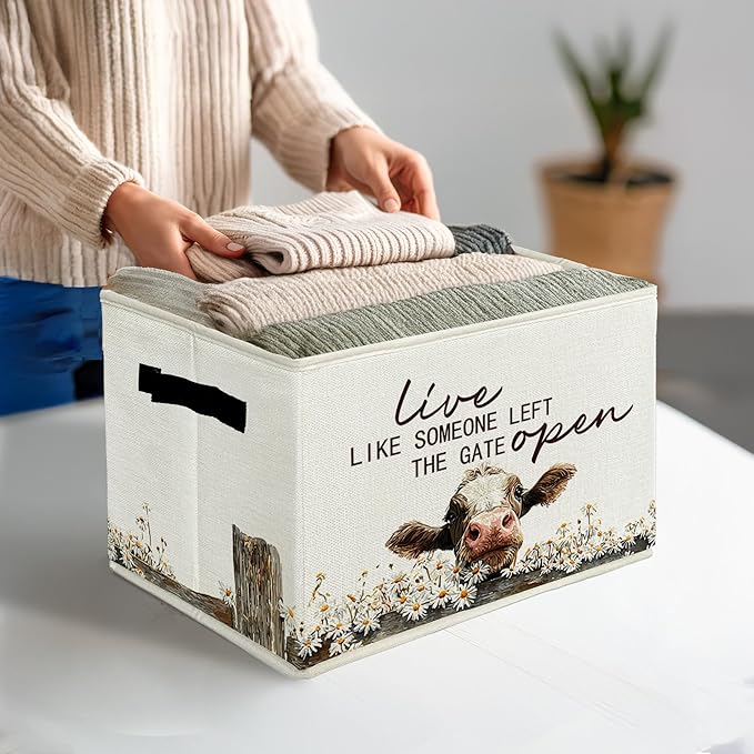 Rustic Cow Storage Bins & Boxes with Handles, Farmhouse Cow Foldable Basket for Organizing, Live Like Someone Left the Gate Open Collapsible Storage Basket for Bedroom Bathroom Clothes Toys