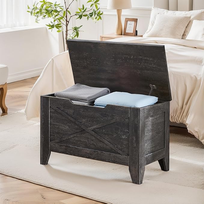 VECELO 30" Storage Bench, Shoe Bench with Handwoven Wicker Cushion, Ottoman Storage Trunk with Safety Hinges, Ideal for Entryway, Bedroom, Living Room, Gray