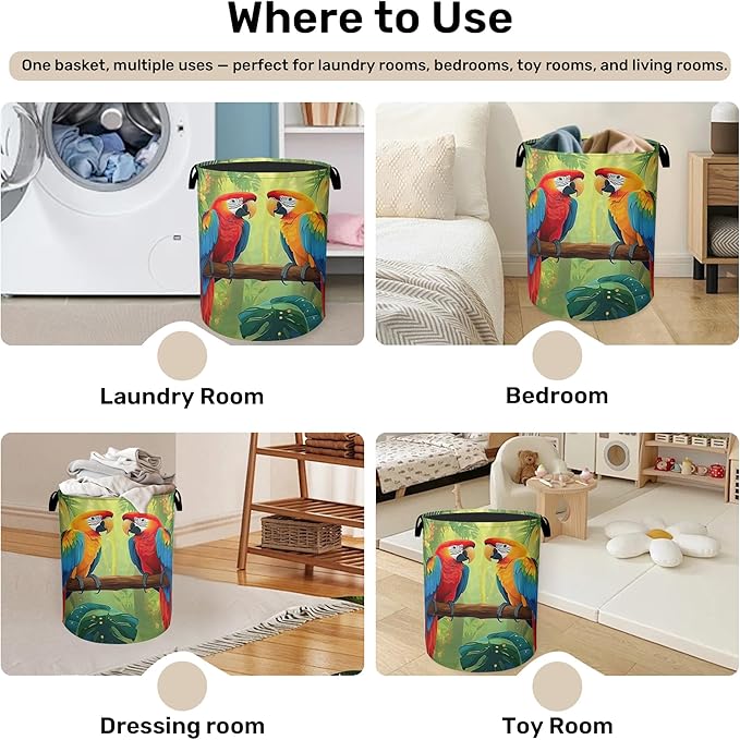 Tropical Parrot Foldable Laundry Hamper - Waterproof Fabric Storage Basket with Handles, Clothes Hampers for Laundry,Bedroom,Dorm