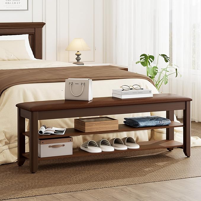 Shoe Rack Bench with Flip-Top Storage, Solid Wood Entryway Bench with Cushion, Adjustable Shelf, for Hallway, Mudroom, Closet – Walnut, 47.2"