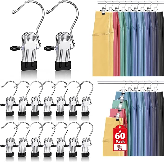 60 Pack Boot Hangers Clips for Closet, Heavy Duty Legging Organizer for Closet Hanging Pants Hangers with Clips Clothes Pins Hanger Clips Laundry Hooks Towel Socks Hats Tall Boots Home Travel Silver