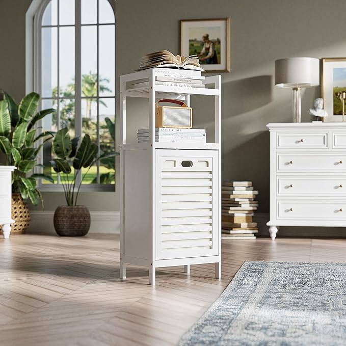 HITNET Bamboo Tilt Out Hamper, Bathroom Laundry Cabinet with Hidden Foldable Basket, Freestanding Clothes Storage Organizer with Storage Shelf, White