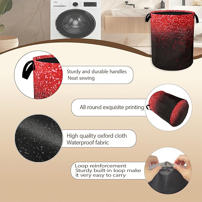 Red Sequin Laundry Basket,Glitter Clothes Hamper,Oxford Cloth Collapsible Nursery Hamper Storage Organization for Bedroom,Bathroom,Office,College Dorms,16x20 Inch