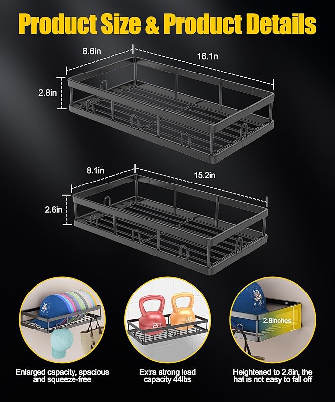 2 Packs Metal Hat Rack for Wall, Holder with Multiple Hooks, Organizer for up to 40 Baseball Caps, Sturdy Wall Drilled Rack, Storage for Door/Closet, Black