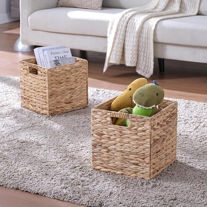 Set of 2 Wicker Storage Basket, Woven Baskets for Storage, Foldable Wicker Storage Baskets for Shelves, Cube Storage Bin for Shelves, Water Hyacinth Laundry Organizer Square Baskets, 12''x12''x12''