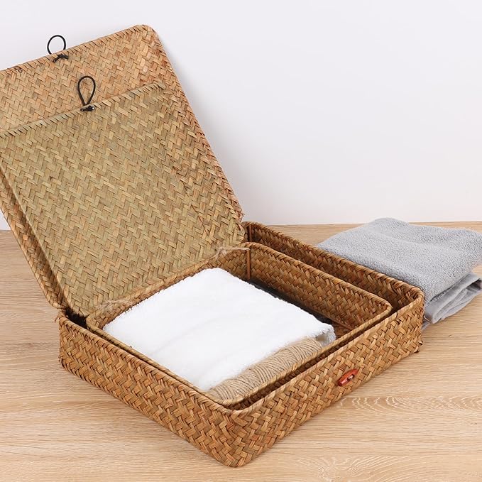 Flat Wicker Shelf Baskets with Lid, Seagrass Woven Basket Boxes for Storage Basket Bins Multipurpose Home Decor Organizer (Natural Small)