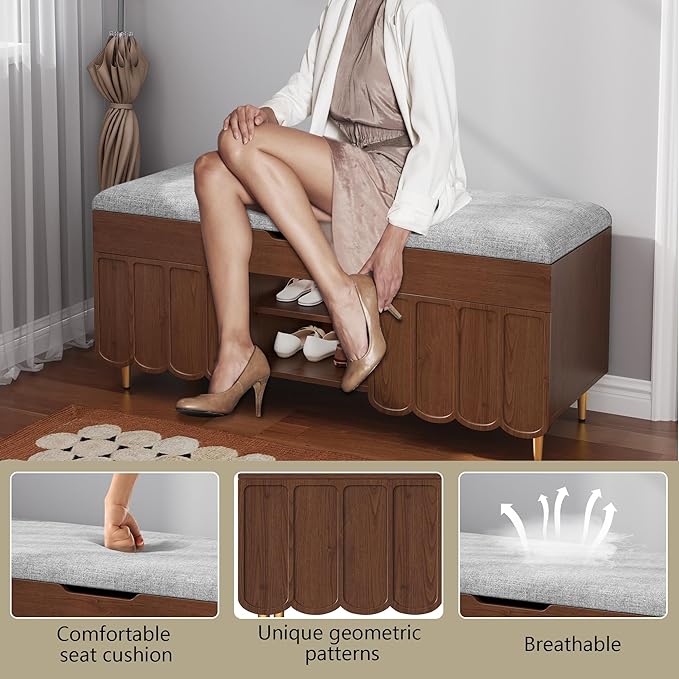 3More 40" Entryway Shoe Storage Bench,Upholstered Hidden Space Beneath Seat Cushion Bench,2-Tier Unique Geometric Shape with Wood Grain,Walnut