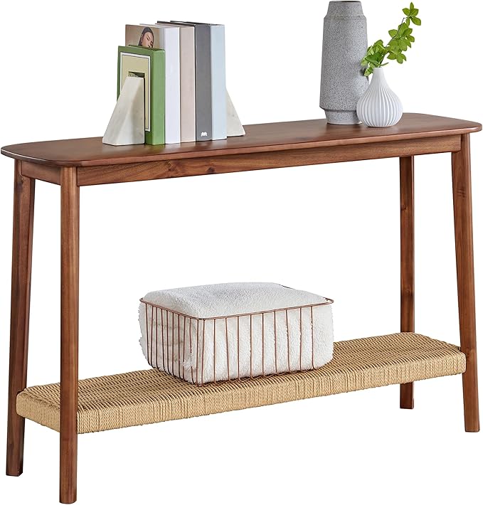 Alaterre Furniture Calais Console Table - 48-Inch Entryway Table with Woven Shelf - Solid Acacia Wood Modern Sofa Table (Warm Chestnut)