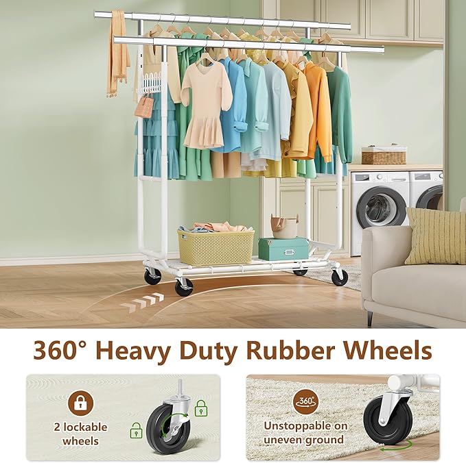 Hoctieon 2-Minute Assembly Double Rod Clothes Rack, Heavy Duty Rolling Clothing Racks with Wheels, Foldable Commercial Garment Rack, Extendable Hanging Bar, Adjustable Metal Pole with Hooks, White
