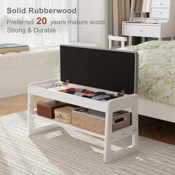 AQIMUELE Shoe Rack Bench,2 Tiers Shoe Bench with Storage with Flip-Top,Wood Shoe Rack for Entryway,Hallway（White Upholstered Seat）