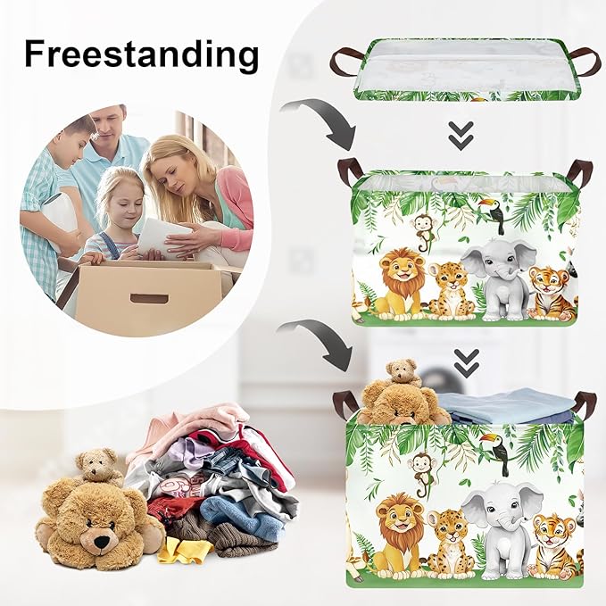 Jungle Animals Laundry Hamper Large Storage Basket Cartoon Wild Zoo Collapsible Parents Organizer Kids Toy Clothes Bins for Bedroom, Bathroom, Lion, 36L