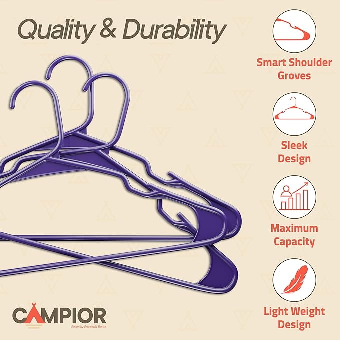 Purple Plastic Hangers 50 Pack– Heavy-Duty Plastic Hangers Slim and Space-Saving, Durable and Lightweight with Non-Slip Shoulder Notches for Slip Dresses, Suits, Jackets & Camisoles
