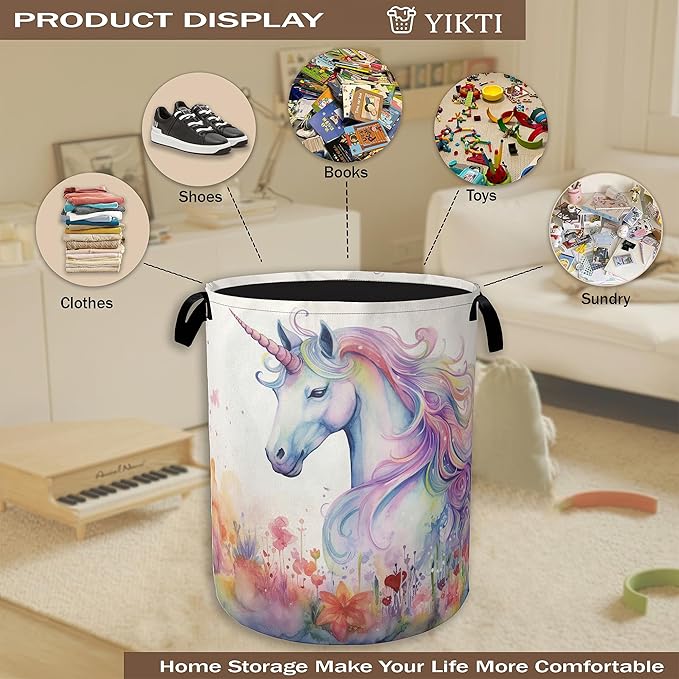 Watercolor Unicorn Laundry Hamper,Girls Colorful Flower Clothes Hamper for Laundry,Waterproof Oxford Toy Storage Collapsible Hampers for Bedroom, Dorm Room,Bathroom,16x20 Inch