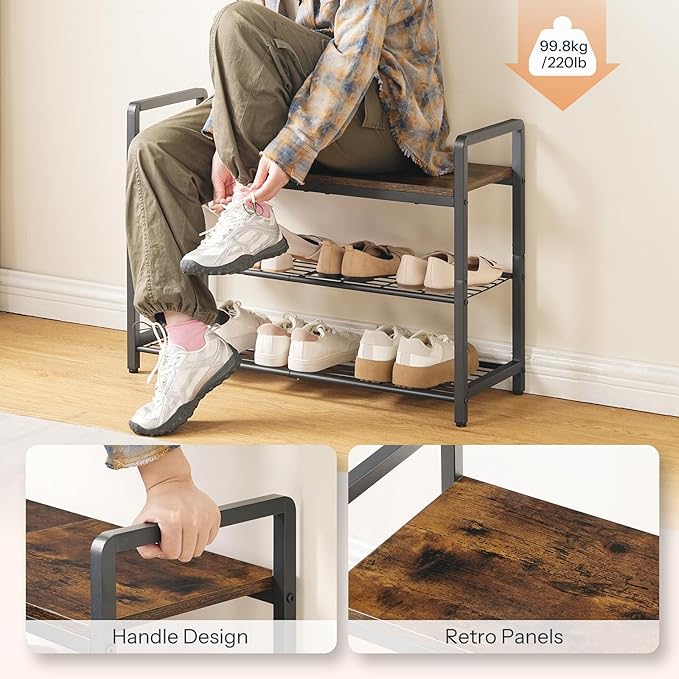 HOOBRO Shoe Bench, 3-Tier Shoe Rack Entryway Bench, 29.5" L Shoe Storage Bench with Metal Handles, Industrial Shoe Organizer for Hallway, Space Saving, Mesh Shelves, Rustic Brown and Black BF32HX01