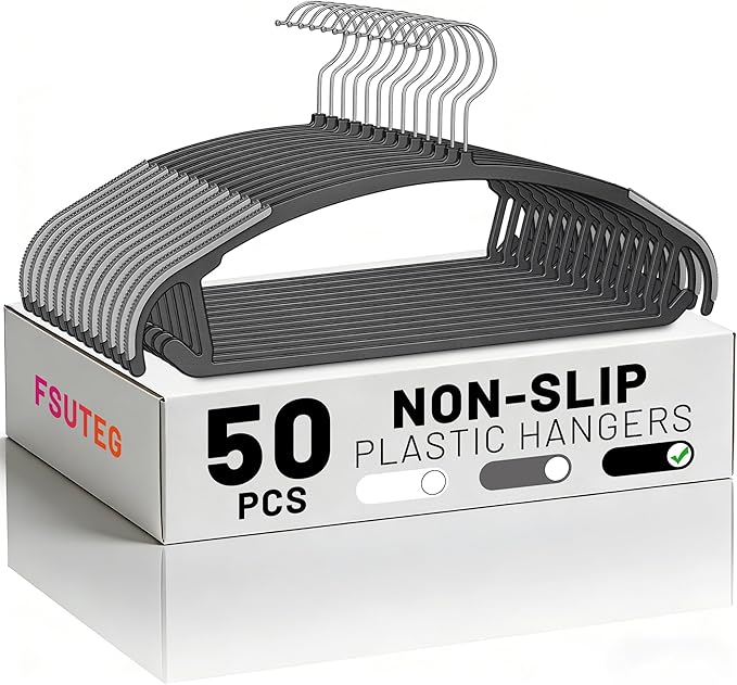 Arc Design No Shoulder Bump Plastic Hangers 50 Pack,Ultra Thin Non-Slip Hangers for Clothes,Heavy Duty Coats Hangers,360°Swivel Silver Hook,Space Saving Closet Organizer for Suit,Sweater,Jackets(Black