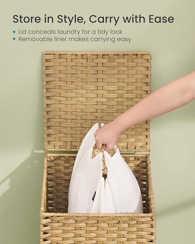 SONGMICS Laundry Hamper with Lid, 25 Gal. (95 L) PE Rattan Laundry Basket with Lid and Handles, Natural Material,Removable Machine Washable Liner, Goose Yellow ULCB221YE01