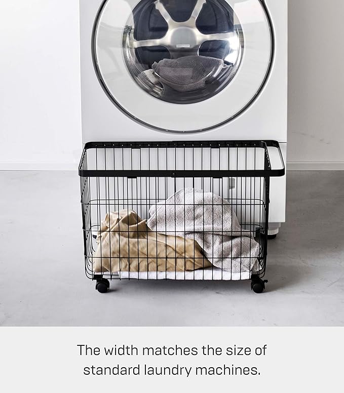 Yamazaki Home Tower Small Rolling Laundry Basket Metal Hamper Cart With Wheels And Handle, 14.8" - Steel - 9.8 Gallons, 35 Liters