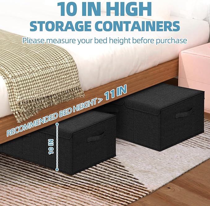 Deep Under Bed Storage Container, 10" Tall Height Underbed Box Bin with Lids 31" Long Large Basket for Under Bed, Bedroom, Dorms, Clothes, Bed sheets, Blankets, 2 Pack, Black