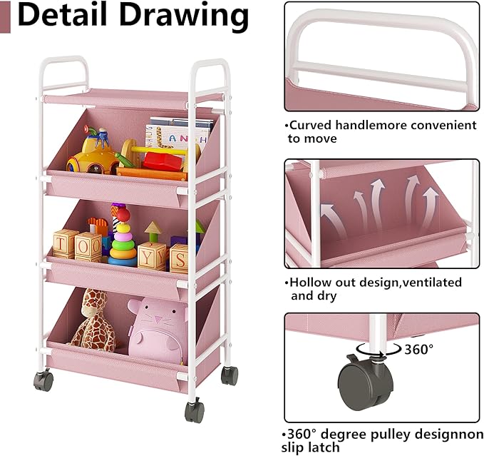 Buzowruil Utility Rolling Fabric Storage Rack Trolley Toy Cart Trolley with 3 Large Storage Boxes,Wheels, Suitable for Bedroom, Living Room, Entryway, Pink