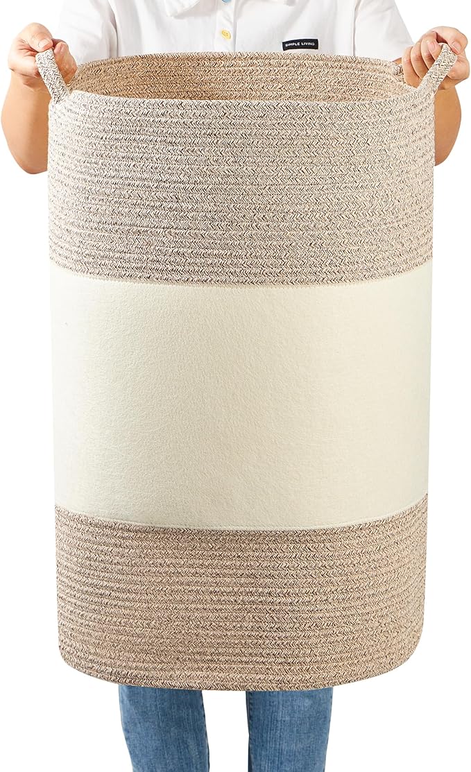 90L Jumbo Woven Laundry Hamper,17" x 17" x 24" Extra Large Laundry Basket for Blanket Storage,Tall Baby Nursery Hamper for Toys in Bedroom,Living Room Brown&White