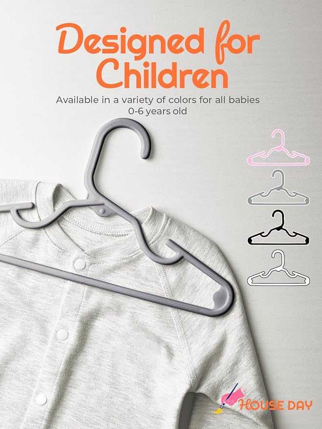 HOUSE DAY Premium Baby Hangers 120 Pack, 11 Inch Kids Plastic Hangers Grey, Slim Childrens Hanger for Infant, Toddler, Child Clothes, Non-Slip Sturdy and Durable Baby Clothes Hanger for Closet