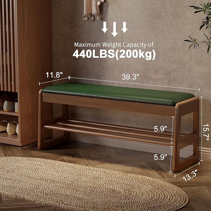 AQIMUELE Shoe Rack Bench,2 Tiers Shoe Bench with Storage with Flip-Top,Wood Shoe Rack for Entryway,Hallway（Green Upholstered Seat）