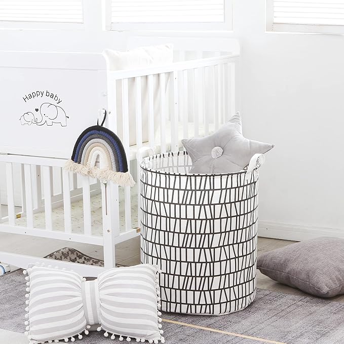 Sea Team 19.7 Inches Large Sized Waterproof Coating Ramie Cotton Fabric Folding Laundry Hamper Bucket Cylindric Burlap Canvas Storage Basket with Stylish Branch Black Design