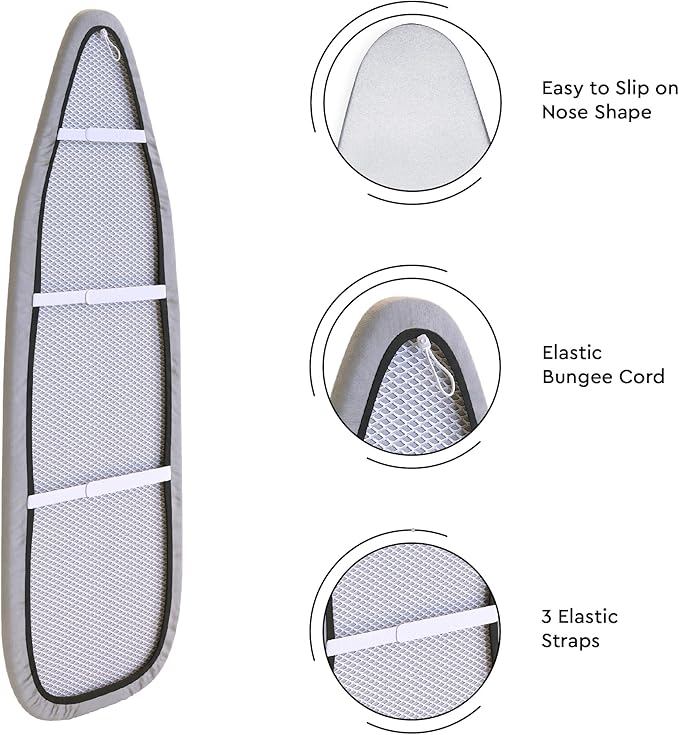 Encasa XO Ironing Board Cover and Pad 49"x18" - 4mm Felt & 2mm Foam Metallized Silver Iron Board Cover with Padding - Heat & Scorch Resistant, Non Slip, Bungee Elasticated, 3 Fasteners Silver Luxury