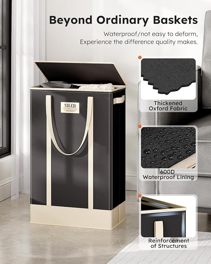 SOLEDI Slim Laundry Hamper with Lid,Collapsible Narrow Laundry Basket with Handles,Tall Skinny Dirty Clothes Hamper for for Laundry Room,Dorm,Bathroom,Bedroom,and Small Spaces, 53L Black