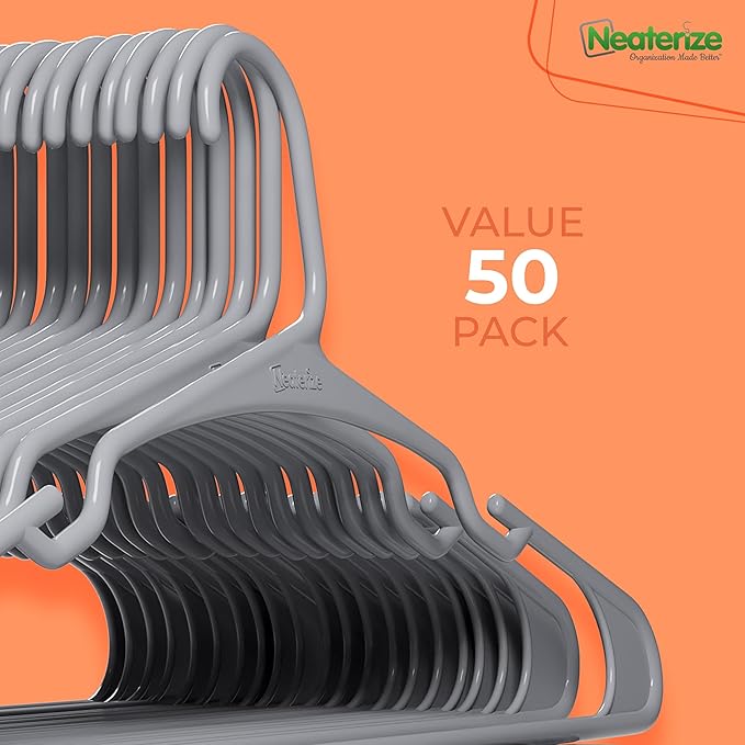 NEATERIZE Clothes Hangers Plastic 50 Pack for Adults - Plastic Hangers, The Perfect Coat Hanger and Space Saving Clothes Hangers for Closet, Percheros Ganchos para Colgar Ropa Hangars - Grey Hangers