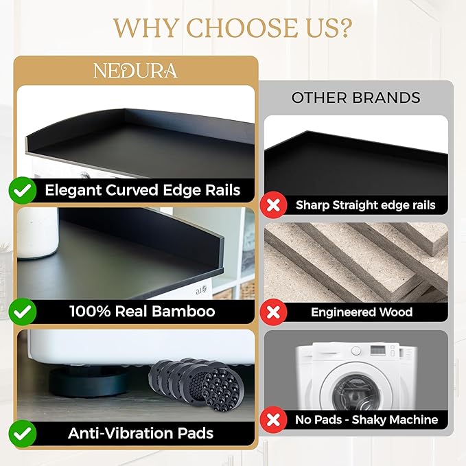 Nedura Washer Dryer Countertop w/Anti-Vibration Pads & Curved Edge Rails, Premium Bamboo Laundry Countertop, Washer Dryer Topper, Laundry Room Organization, Laundry Accessory, Designed in USA - Black