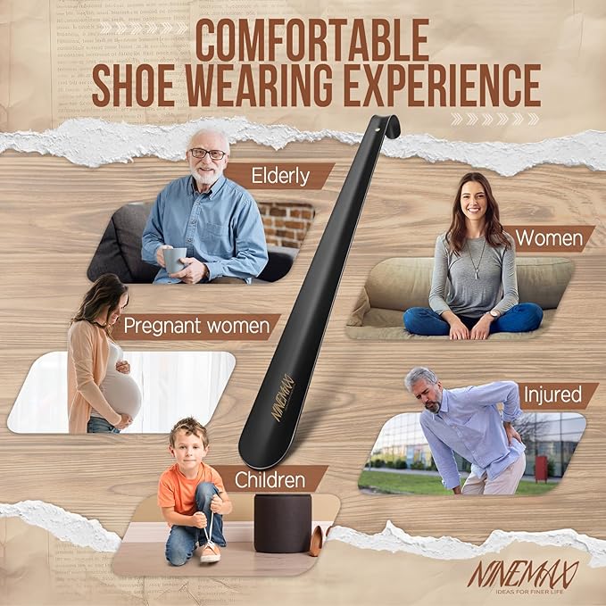 NINEMAX Shoe Horn Long Handle for Seniors Men Women, Metal Long Shoehorn for Boots, Shoe Spoon Helper 16.5''(Pack of 1)