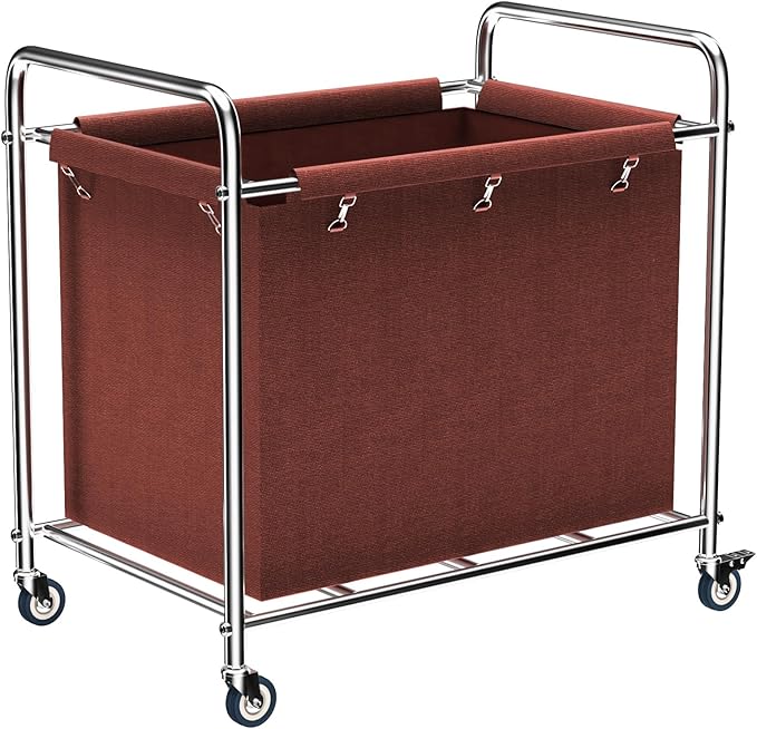 Commercial Laundry Cart with Wheels, 400L Heavy Duty Laundry Cart on Wheels for Home & Hotel, Waterproof Oxford, Sturdy Steel Frame, Easy to Install(Brown)